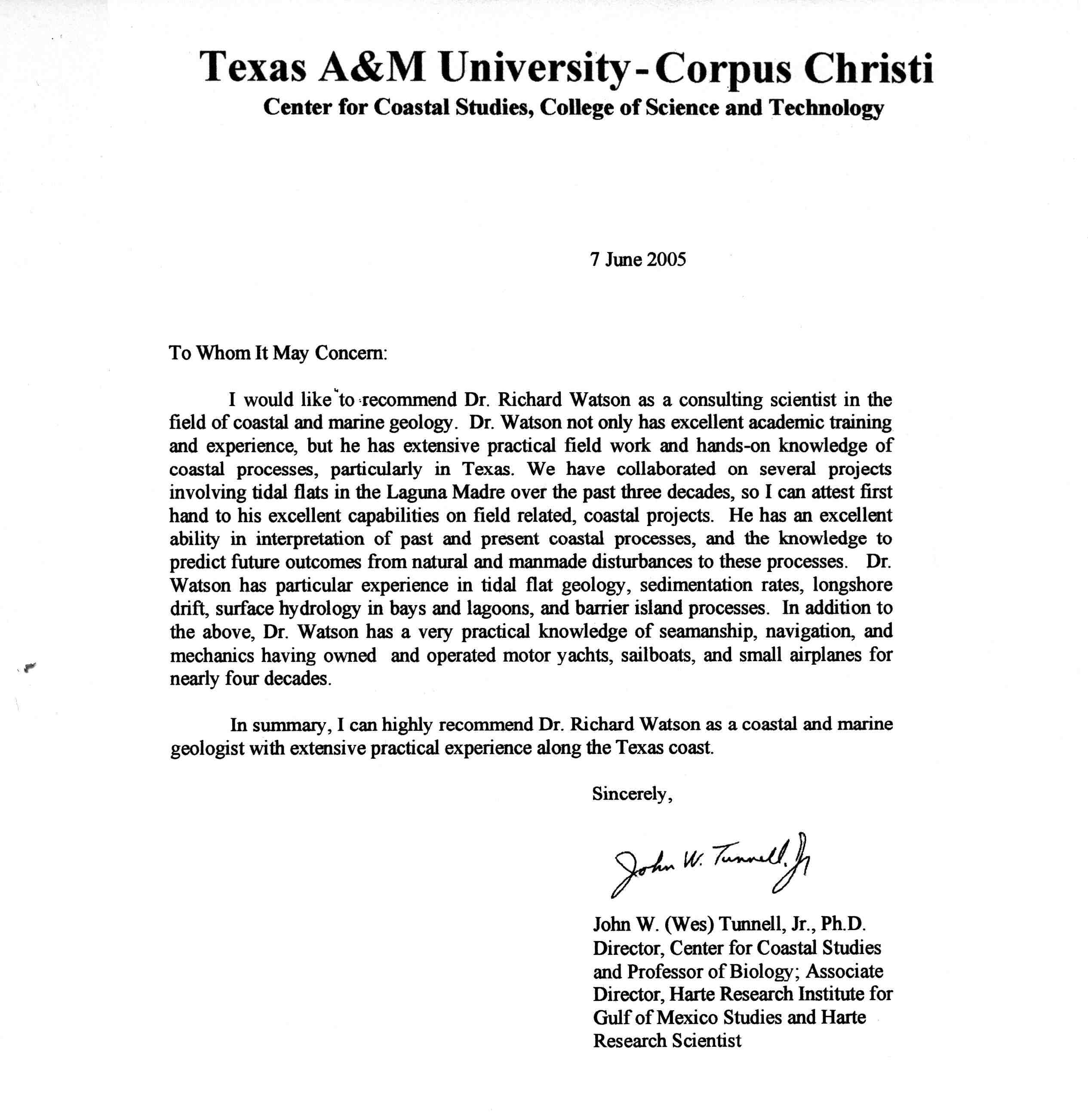 Recommendation from DR. John W. (Wes) Tunnell